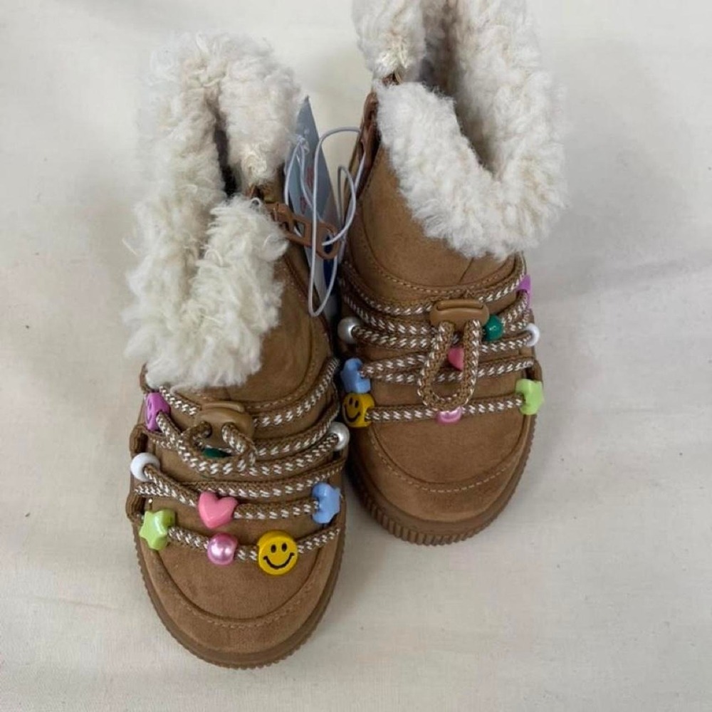 Brown & tan kids boots with colorful beads and smiley face charms